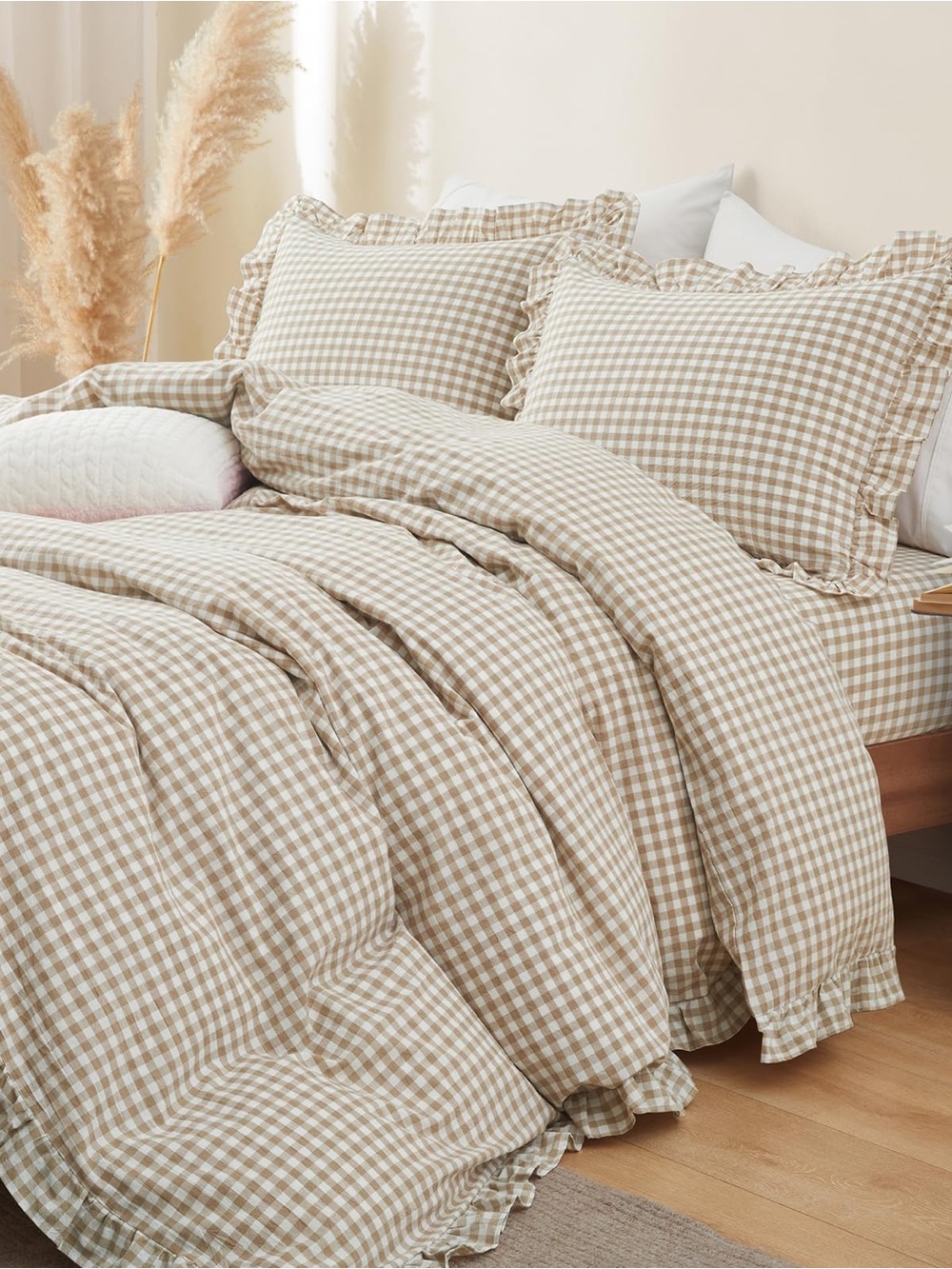 Beige Gingham Ruffle Comforter Set Twin-
